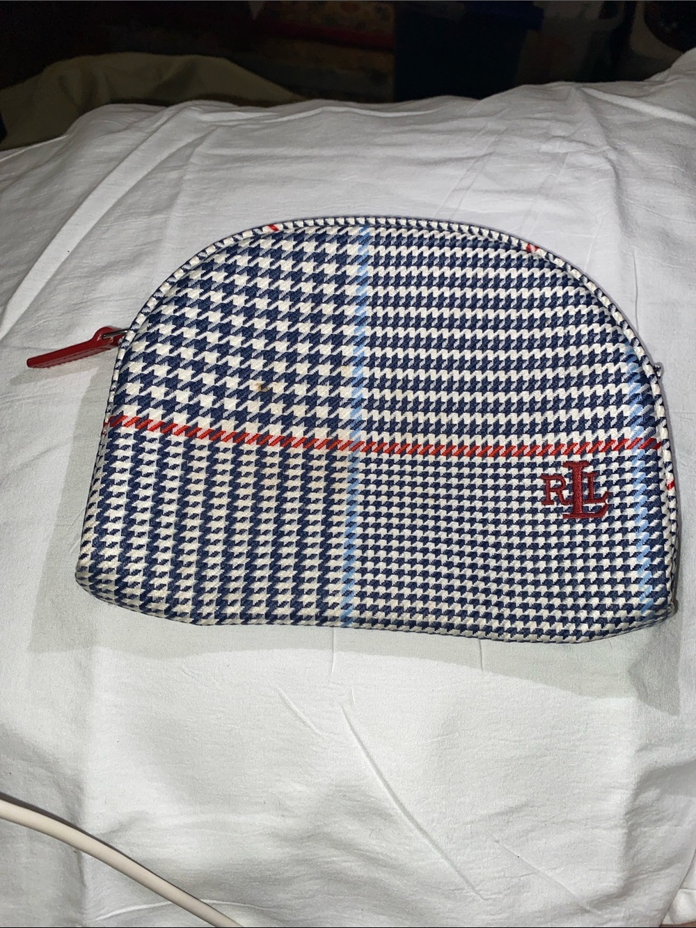 Ralph Lauren Navy & White Houndstooth Toiletry Pouch with Red Trim